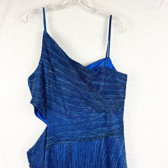 NWT Betsy & Adam One Shoulder Metallic A-Line Dress with Cutout A25539 Blue - 20 - Picture 15 of 16